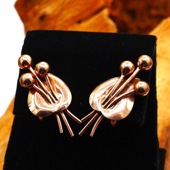 Vintage Napier Sterling Modernist Leaf & Buds Earrings Gold Vermeil Clip-ons - Picture 1 of 10